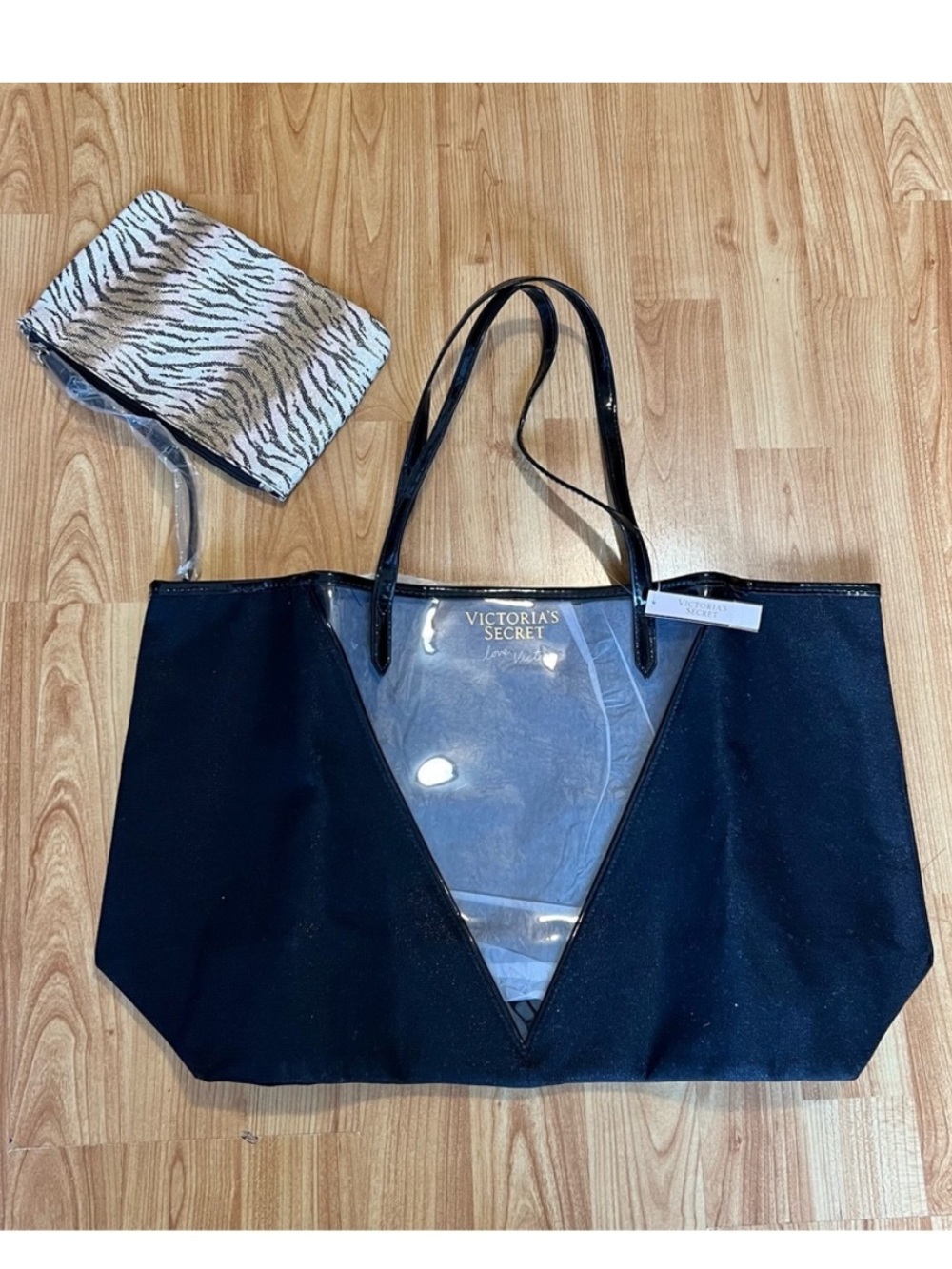 Victoria's Secret Black Tote with Clear V-Panel and Zebra Pouch
